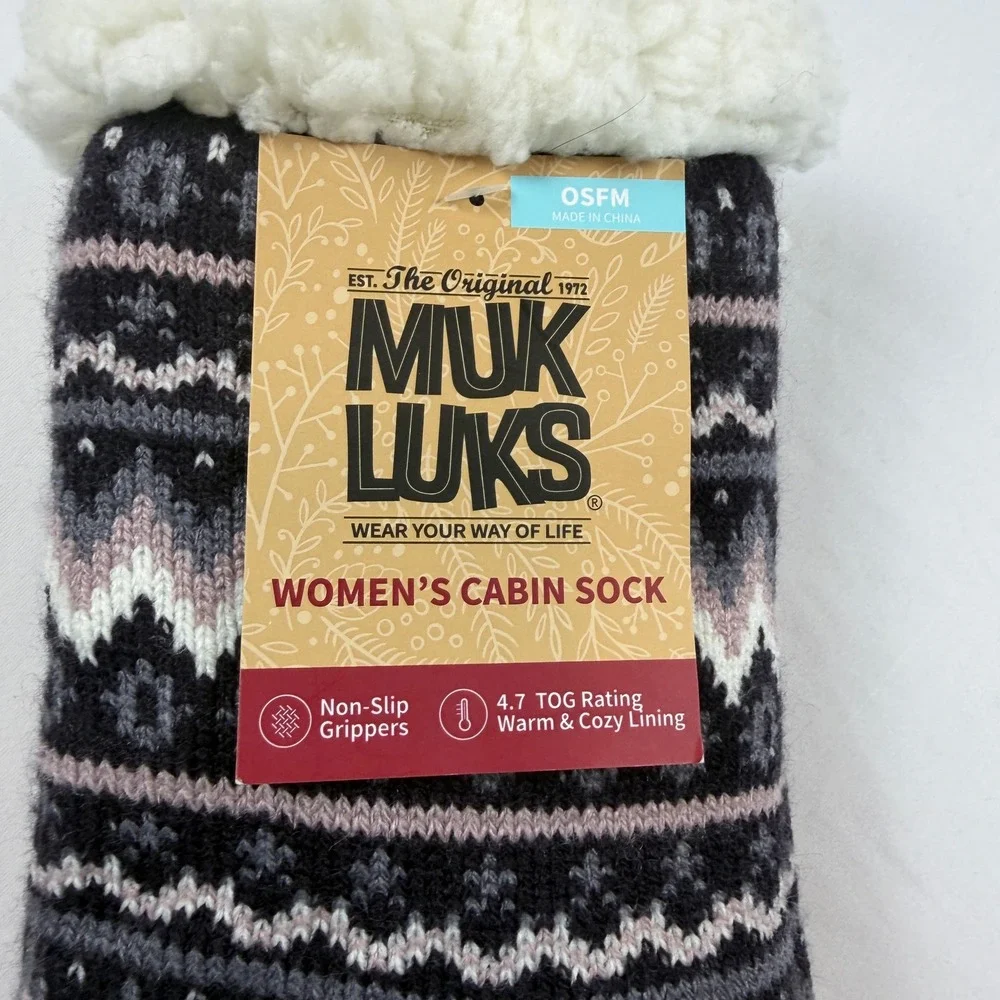 Muk Luks Womens Cabin Socks Fair Isle Black Grey Faux Shearling Non-Slip OS
